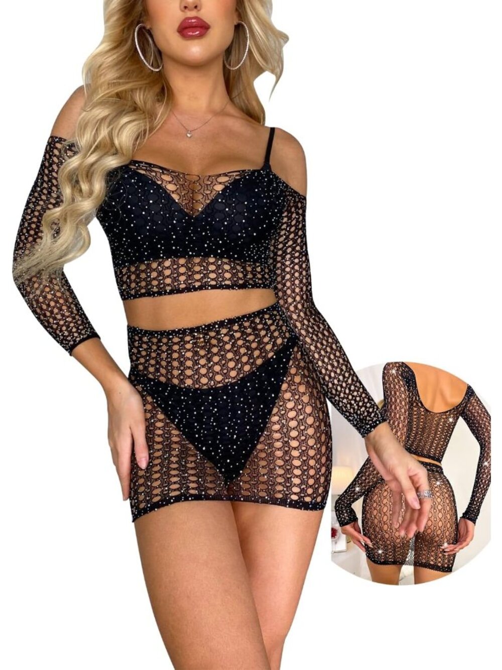 Women Black Sparkly Sheer Lingerie Sets Micro Bra & G-String Bikini